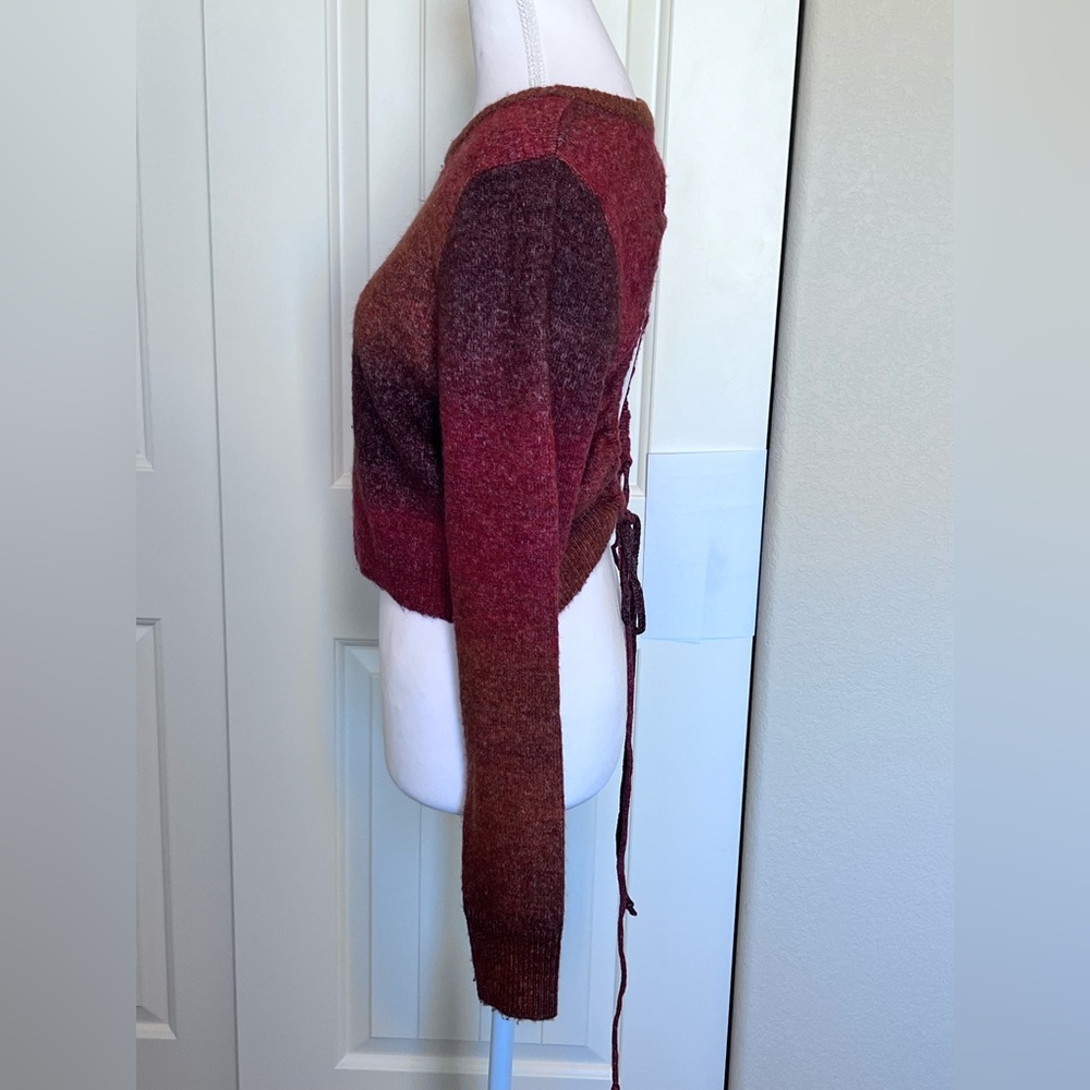 COTTON:ON Acryl/Wool/Polye Rusty Brown Cropped Open Tie Back Sweater Sz Large - Picture 3 of 9